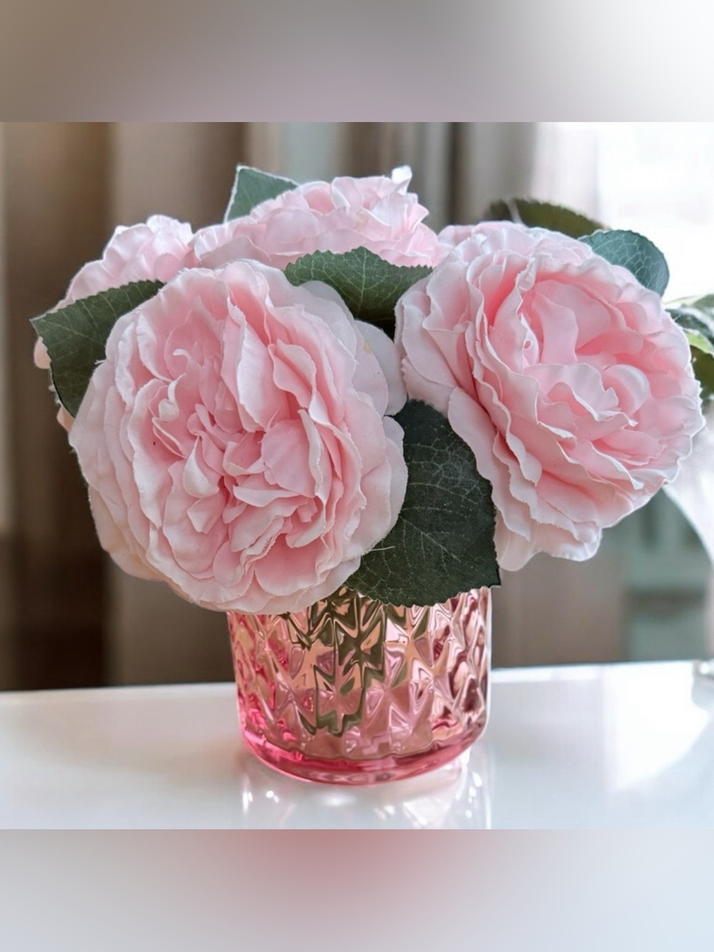 NWT Pink Faux Peonies in Quality Pink Glass Vase